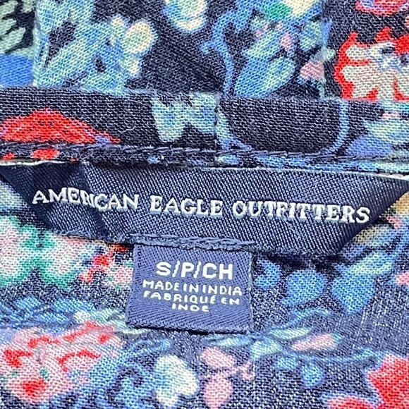 American Eagle Peasant Romper Blue and Red Floral Print - Picture 5 of 7